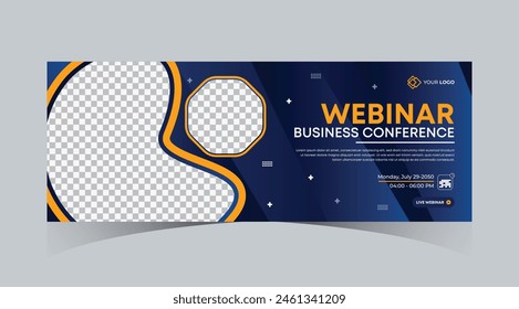 Webinar business online course web banner and social media cover template design. Dark navy blue, Green, Orange color with stripe line shape background for marketing webinar, online class banner