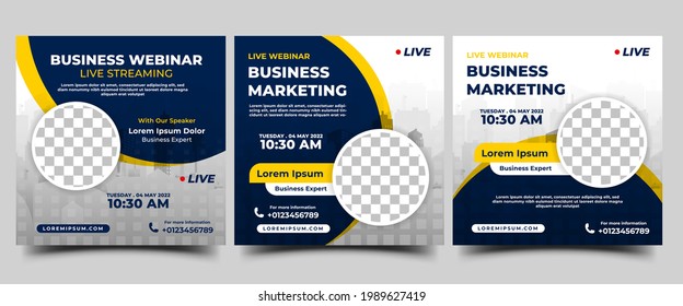 Webinar business social media post template. Modern banner design with place for the photo. Usable for social media, banners, and websites.