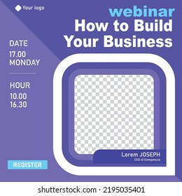 webinar business for social media post. Modern poster suitable for business webinars, marketing webinars, online class programs, brochure digital banner template with purple color style.