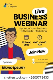 Webinar business template. Abstract modern poster with yellow background and accents. Suitable for business webinar, conference announcements, marketing and online seminar. Vector design isolated
