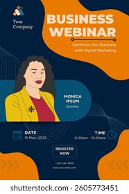Webinar business template. Abstract modern poster with dark blue background and orange accents. Suitable for business webinar, conference announcements, marketing and online seminar. Vector design