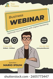Webinar business template. Modern poster with light background. Suitable for business webinar, conference announcements, marketing and online seminar. Vector design isolated