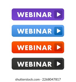 Botones de seminario web. Establecer la colección de elementos de botón Webinar para la plantilla de diseño web ui ux. Instalar símbolo, diseño simple, para sitio web o aplicación móvil. Ilustración del vector