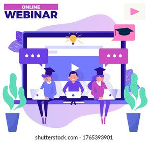 Webinar cartoon concept with three people-using laptop and internet-you can use for the online education also-isometric characters.