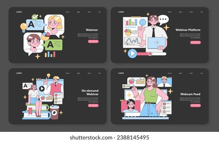 Webinar collection set. Enthusiastic professionals engaging in online presentations, discussions, and on-demand content creation. Dynamic learning and collaboration. Flat vector illustration.