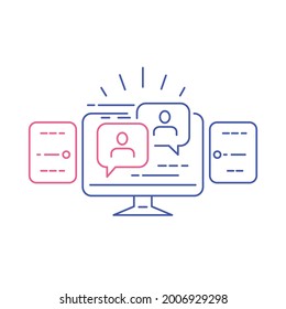 Webinar communication concept, online course, education, video tutorial, internet group conference, online test, work from home, easy communication, vector line icon