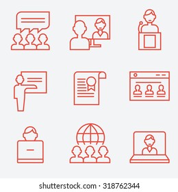 Webinar and communication icons, thin line style, flat design