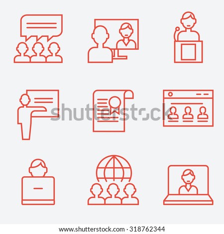 Webinar and communication icons, thin line style, flat design