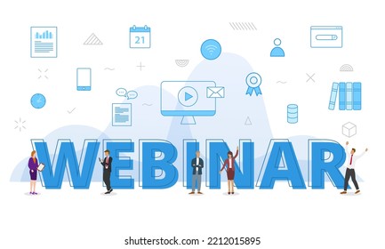 webinar concept with big words and people surrounded by related icon spreading with modern blue color style