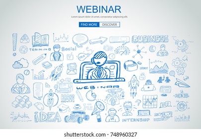 Webinar concept with Business Doodle design style: online formation, web courses, elearning tips. Modern style illustration for web banners, brochure and flyers.