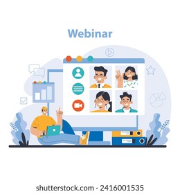 Concepto de seminario web. Audiencia en línea y aprendizaje digital interactivo. Educación y comunicación de negocios virtuales. Ilustración vectorial plana.