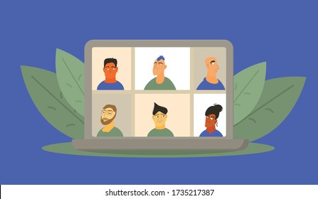 Webinar concept. Family distance talk. Group of coworkers taking part in business conference. Online call or meeting for a remote job. Stream friends. Chatting from home. Vector flat illustration.