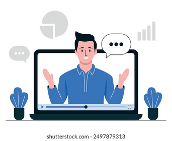 Webinar Concept Flat Illustration - Engaging Webinar Presentation, Virtual Speaker with Graphics, Online Communication