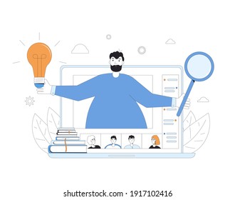 Webinar concept. Home schooling. Online education. Expert giving report on computer screen. Teacher show a presentation and students have a discussion. Video training. Vector illustration.