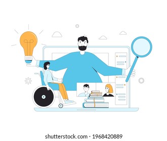 Webinar concept. Home schooling. Online education. Expert giving report on computer screen. Teacher show a presentation and students have a discussion. Video training. Vector illustration.