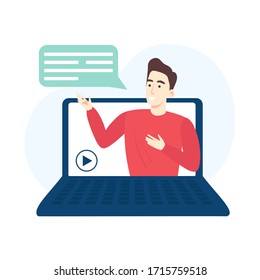 Webinar concept. Human with chat bubbles on laptop screen. Distance lectures in internet. Online education or coaching. Vector flat cartoon illustration