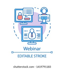 Webinar concept icon. E-learning idea thin line illustration. Web-based video conference. Web seminar. Online courses, classes. Remote education. Vector isolated outline drawing. Editable stroke