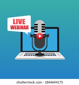 Webinar concept icon on laptop screen with microphone. Can be used for business. Vector EPS10