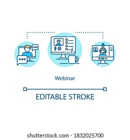 Webinar concept icon. Web conferencing and meeting. Distance education. Online workshops idea thin line illustration. Vector isolated outline RGB color drawing. Editable stroke