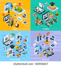 Webinar concept icons set with podcasting symbols isometric isolated vector illustration 