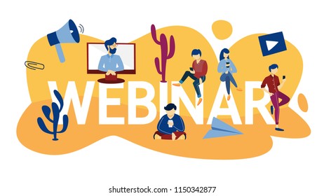 Webinar concept. Idea of online education. Communication with professional through the internet. Video conference or lecture. Flat vector illustration