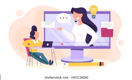 Webinar concept. Idea of online education. Communication with professional through the internet. Video conference or lecture. Flat vector illustration