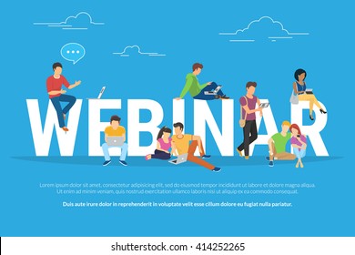 Webinar concept illustration of young people using laptop, tablet and smartphone to watch online webinar or conference with instructor for online education. Flat infographics of people near letters