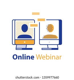 Webinar concept, online communication, internet seminar, web meeting, distant learning, two people talking, social media, fast training course, vector line icon