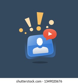 Webinar concept, online education course, internet seminar, distant guidance, web tutorial and resources, video call, vector icon, flat illustration