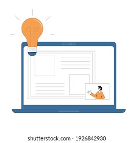 Webinar concept. Online education. Digital lesson. Expert giving report on computer screen. Teacher show a presentation. Video training. Female instructor gives a lecture. Vector outline illustration.
