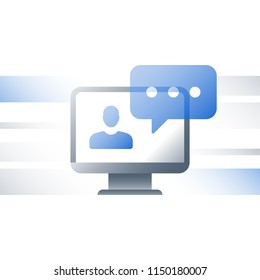 Webinar concept, online education, web lecture, advice and guidance, fast course, distant learning, internet tutorial, person and monitor, vector icon, flat illustration