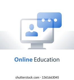 Webinar concept, online education, web lecture, advice and guidance, fast course, distant learning, internet tutorial, person and monitor, vector icon, flat illustration