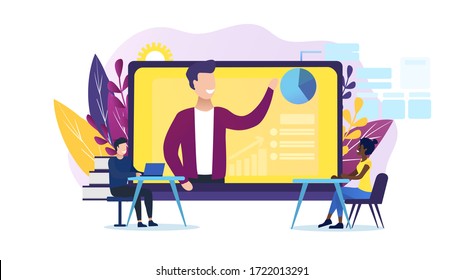 Webinar concept and online learning. The tutor remotely presents the subject. A group of listeners are listening. Online courses. Suitable for landing page or mobile site. Effective distance learning