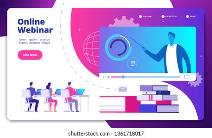 Webinar concept. Online webinars seminar speaker student web consultation webcast e meeting video training course vector landing page