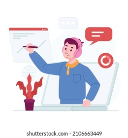 Webinar Concept Vector Illustration Idea For Landing Page Template, Digital Meeting Online As Business Presenting, Remote Communication With Virtual Conference, Hand Drawn Flat Styles