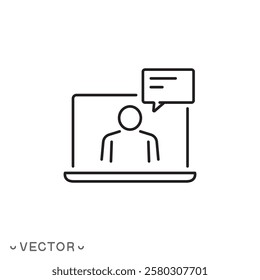 webinar or conference icon, online training through distanced meeting, thin line symbol concept isolated on white background, editable stroke eps 10 vector illustration