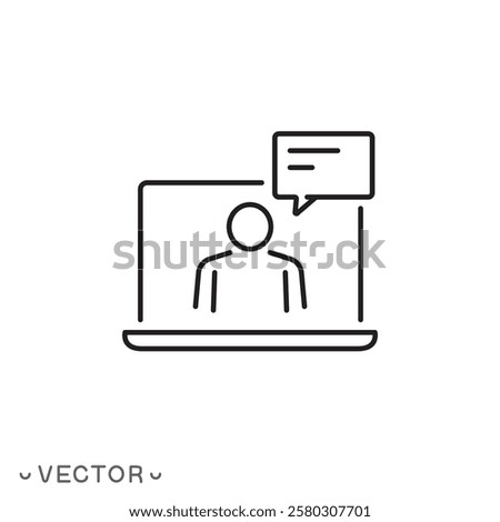 webinar or conference icon, online training through distanced meeting, thin line symbol concept isolated on white background, editable stroke eps 10 vector illustration