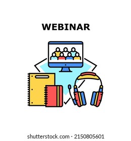 Webinar Course Vector Icon Concept. Webinar Course Listening In Headphones Device And Audience Remote Watching Online On Computer Screen. Writing And Noting In Notebook Color Illustration