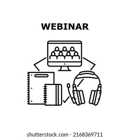 Webinar Course Vector Icon Concept. Webinar Course Listening In Headphones Device And Audience Remote Watching Online On Computer Screen. Writing And Noting In Notebook Black Illustration