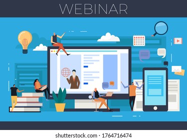 Webinar Design-Konzept-Online-Webinar, Bildungsdesign-Konzept mit Kartonfiguren-Laptop-Computer-Mobile-Netzwerk-Icon-Set