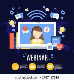 Webinar Design Concept-you Can Use For Education And Business Purpose-online Lady Speaker-education Elements-dark Blue Background With World Map Water Mark