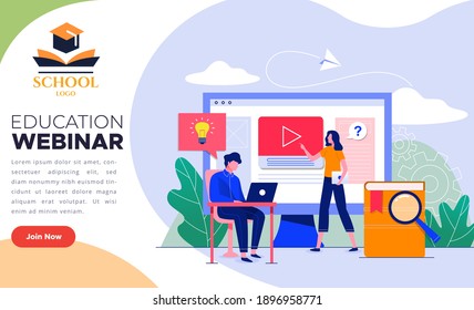 Webinar Design Concept-you Can Use For Education And Business Purpose-online Lady Speaker-student Learning-creative Bulb-laptop And Other Education Elements