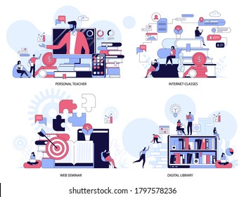 Webinar digital classroom concept with Digital library, Internet classes. Online teaching metaphors with Educational web seminar and Professional personal teacher service. Vector isolated concept metaphor illustrations