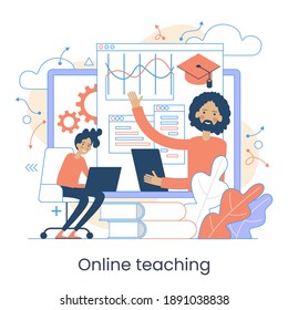 Webinar, Digital classroom, Online teaching, Internet classes. Online learning metaphors. Educational webinar. Online teacher. Digital class. Graphic elements set. Vector illustration in flat style.