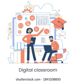 Webinar, Digitales Klassenzimmer, Online-Unterricht, Internet-Unterricht. Metaphern zum Online-Lernen. Erziehungswebinar. Online-Lehrer. Digitale Klasse. Satz für Grafikelemente. Vektorgrafik im Flachstil.