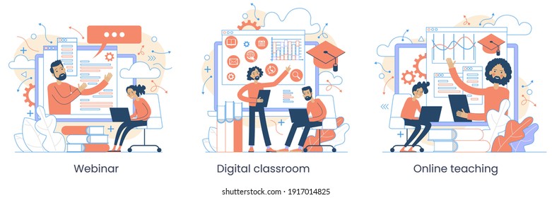 Webinar, Digital classroom, Online teaching, Internet classes. Online learning metaphors. Educational webinar. Online teacher. Digital class. Graphic elements set. Vector illustration in flat style.