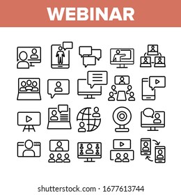 Webinar Education Collection Icons Set Vector. Internet Online Webinar, Video Seminar And Conference, Computer And Smartphone Concept Linear Pictograms. Monochrome Contour Illustrations