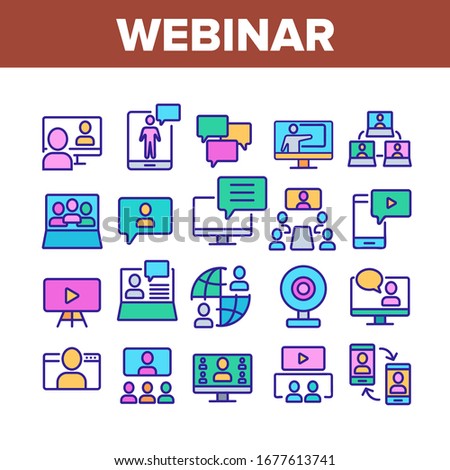 Webinar Education Collection Icons Set Vector. Internet Online Webinar, Video Seminar And Conference, Computer And Smartphone Concept Linear Pictograms. Color Contour Illustrations