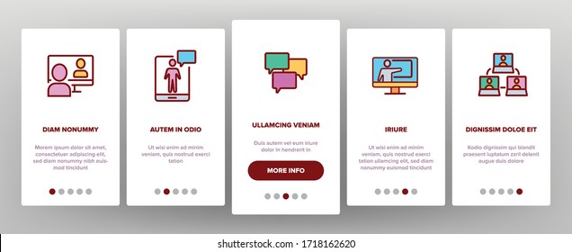 Webinar Education Onboarding Icons Set Vector. Internet Online Webinar, Video Seminar And Conference, Computer And Smartphone Illustrations