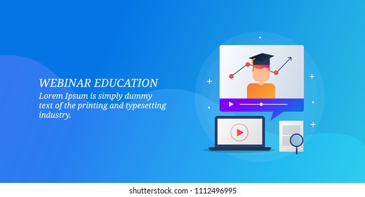 Webinar education - Online training courses - Online tutorial - vector illustration with texts and icons isolated on blue background